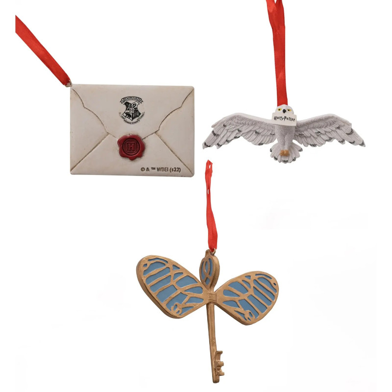 Harry Potter - Set de 3 ornements de sapin en résine Hedwige, Lettre, Flying Key