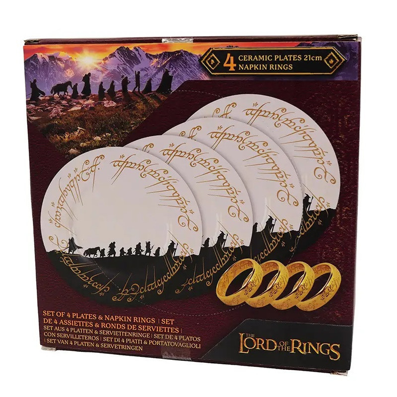 JUILLET 2025 : Lord of the Rings - Set de 4 assiettes Fellowship + ronds de serviette Anneau Unique
