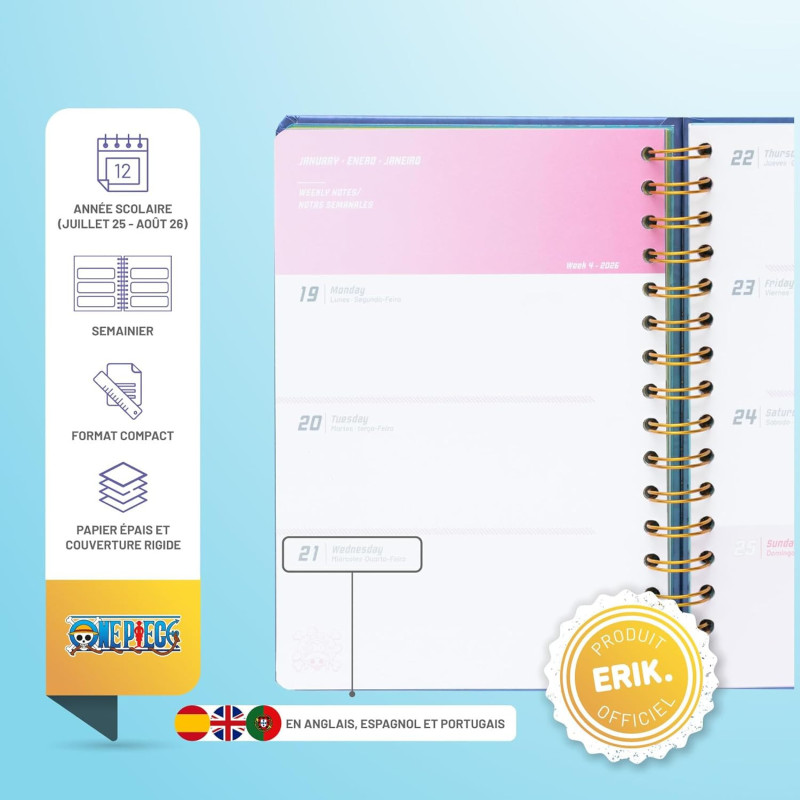 One Piece - Agenda scolaire 2025/2026 A5 12 mois semainier