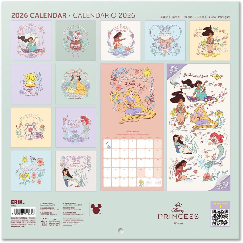 Calendrier Disney Princesses 2026 – Licence Officielle